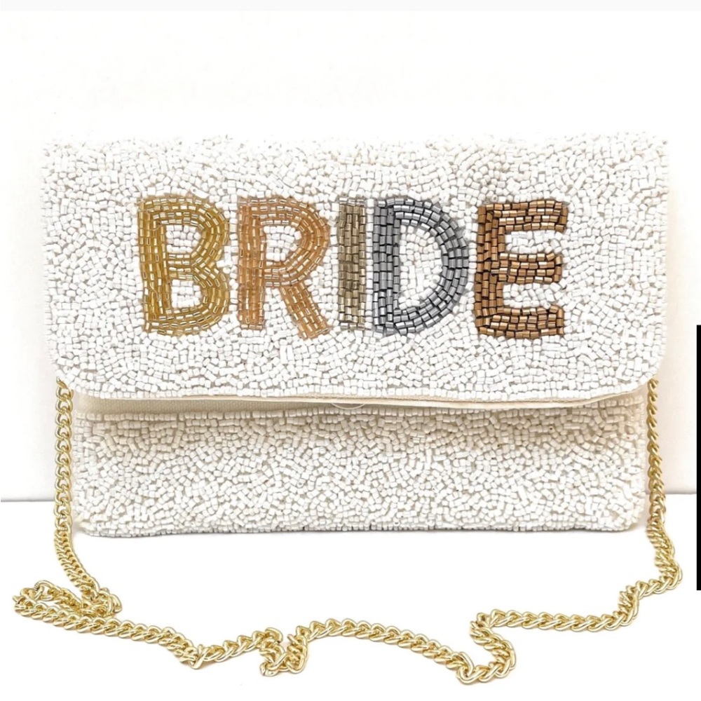 Beaded BRIDE cross body or clutch bag with gold chain